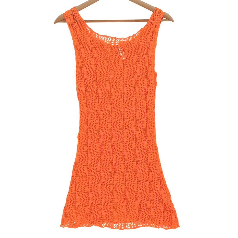 Shore Trendz Crochet Coverup Dress Womens Size XS Neon Orange Rave Beach Layer